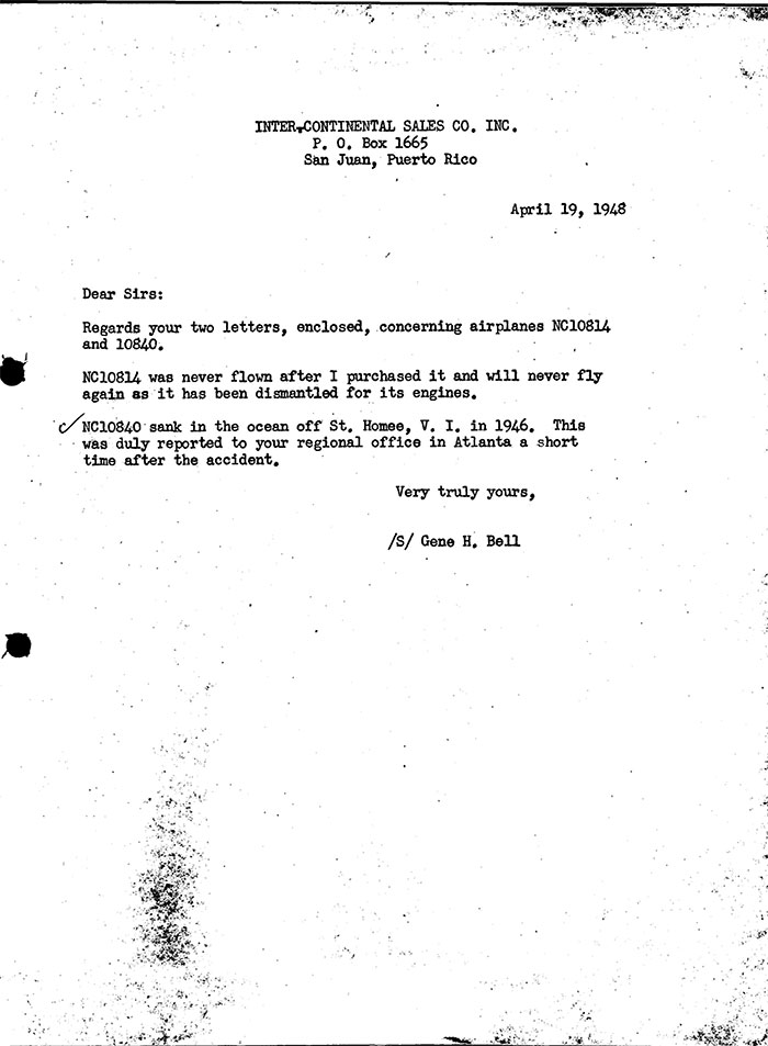 Eugene Bell Letter to CAA, April 19, 1948 (Source: Site Visitor)