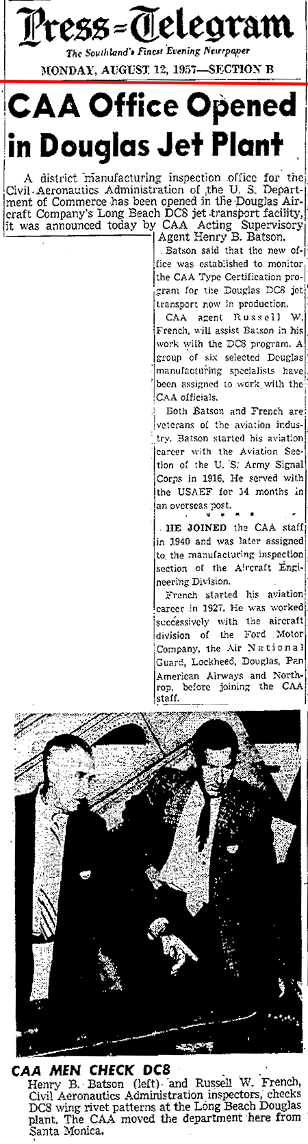 Long Beach Press-Telegram (CA), August 12, 1957 (Source: Woodling) 