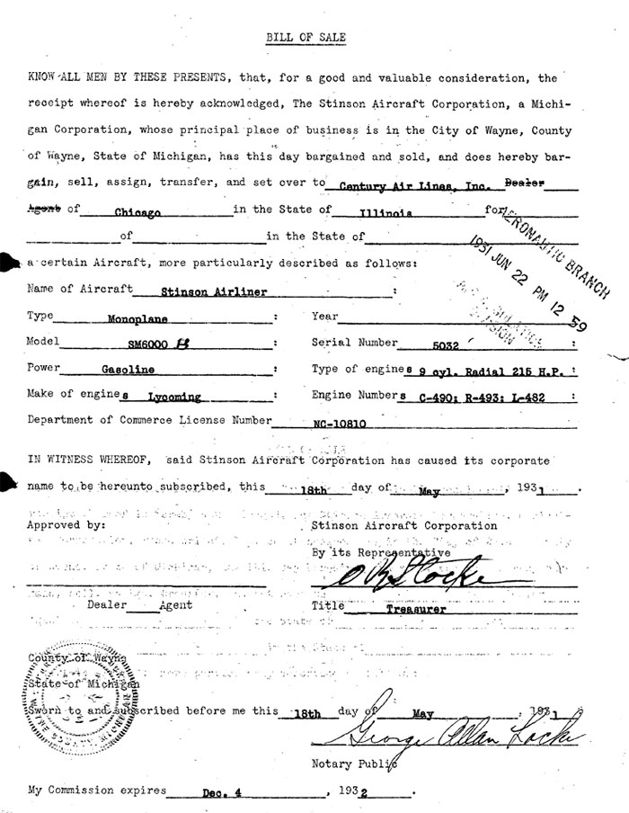 Stinson NC10810, Bill of Sale, May 18, 1931 (Source: Site Visitor)