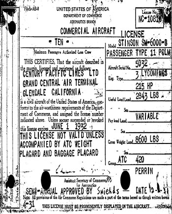 Stinson NC10810 Registration Card, December 1, 1931 (Source: Site Visitor)