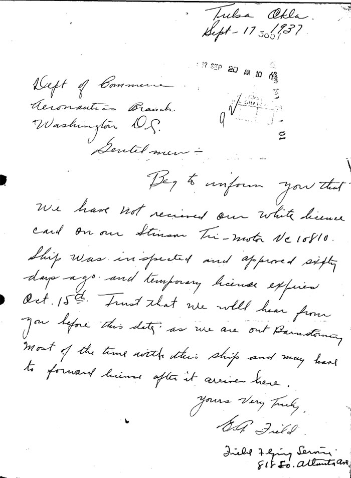 E.A. Field Letter to the DOC, September 17, 1937 (Source: Site Visitor)