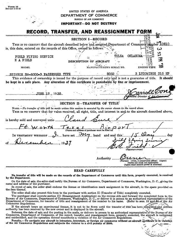 Stinson NC10810 Transfer Record, December 15, 1937 (Source: Site Visitor)