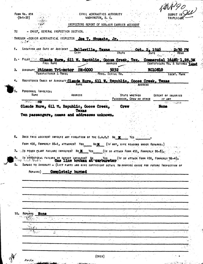 Stinson NC10810, Accident Report, October 2, 1940 (Source: Site Visitor)