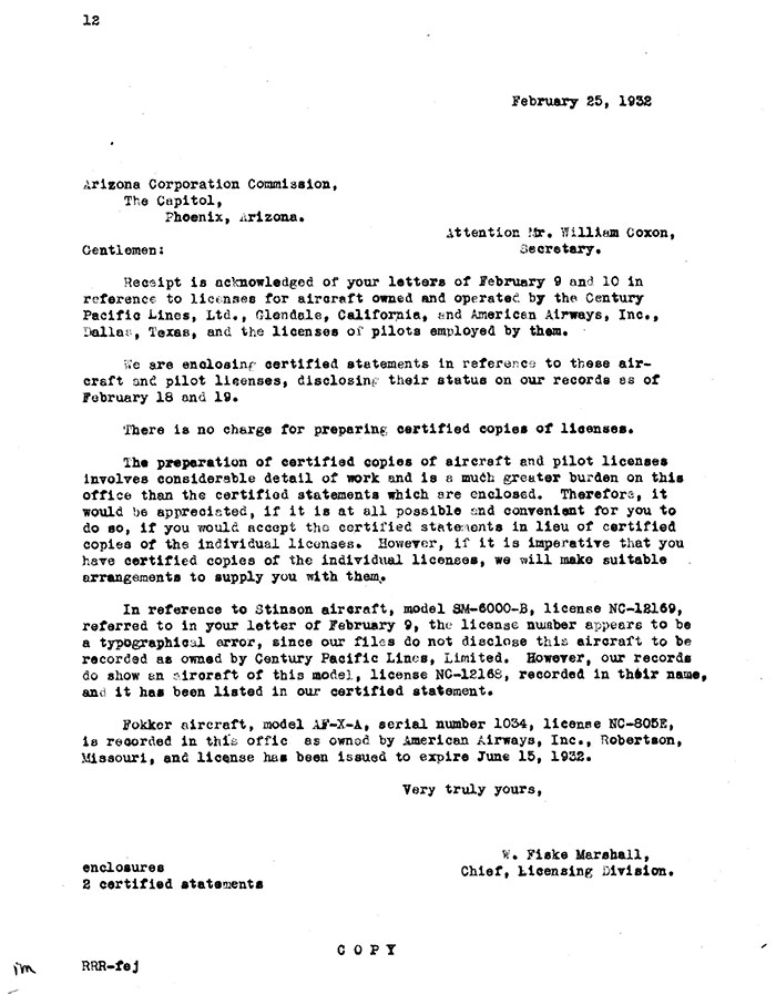 DOC Letter to Century-Pacific Lines, Ltd., February 25, 1932 (Source: Site Visitor) 