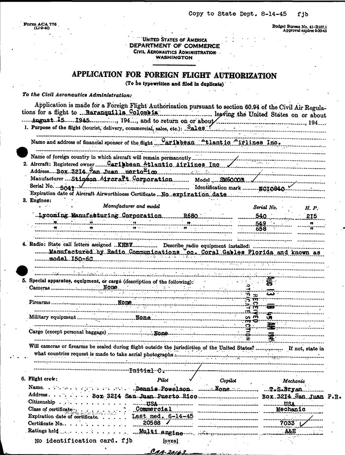 Stinson NC10840, Flight Authorization, August 15, 1945 (Source: Site Visitor)