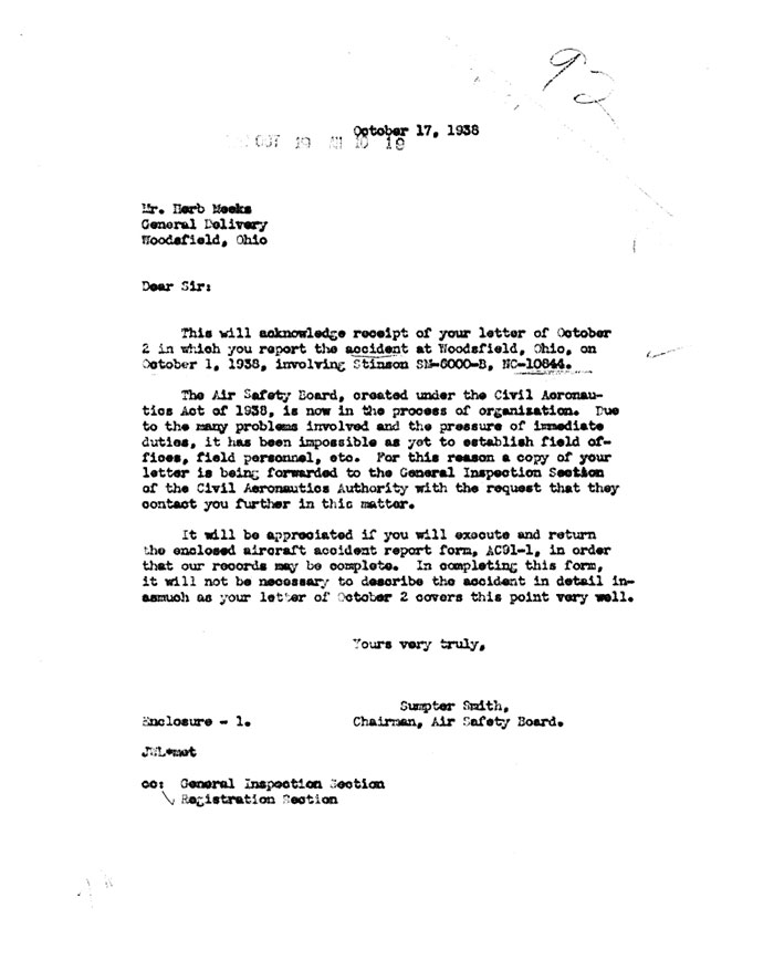 Letter, October 17, 1938, Accident, NC10844 (Source: Site Visitor)