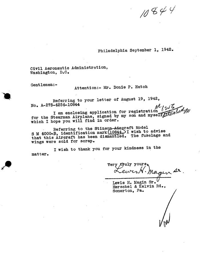 Magin Letter to CAA, September 1, 1942 (Source: Site Visitor)