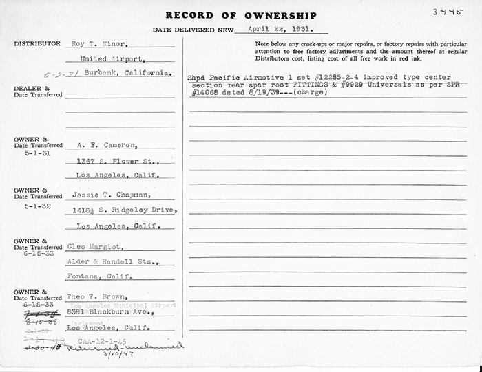 Manufacturing Specifications, Waco NC11239, April 17, 1931 (Source: Heins) 