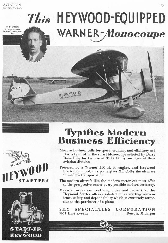 Advertisement, Monocoupe NC533W, November, 1930 (Source: Cowell)