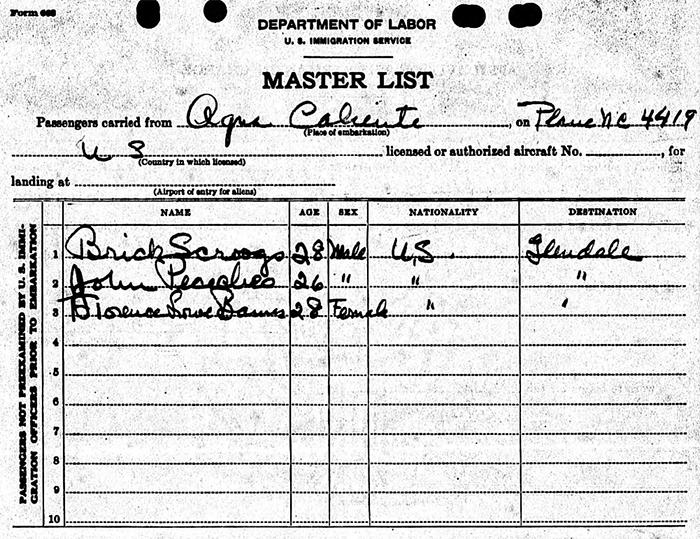 U.S. Immigration Form, December 10, 1930, Pancho Barnes, Passengers and Travel Air NC4419 (Source: ancestry.com) 