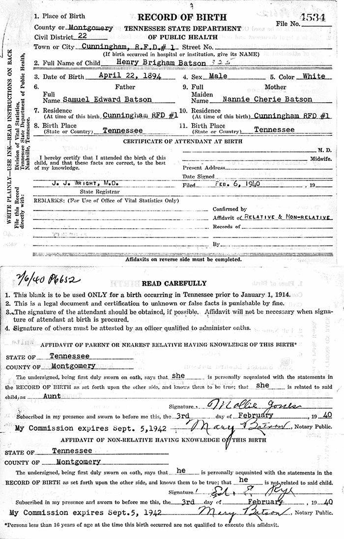 Henry Brigham Batson, April 22, 1894, Duplicate Birth Certificate (Source: ancestry.com)