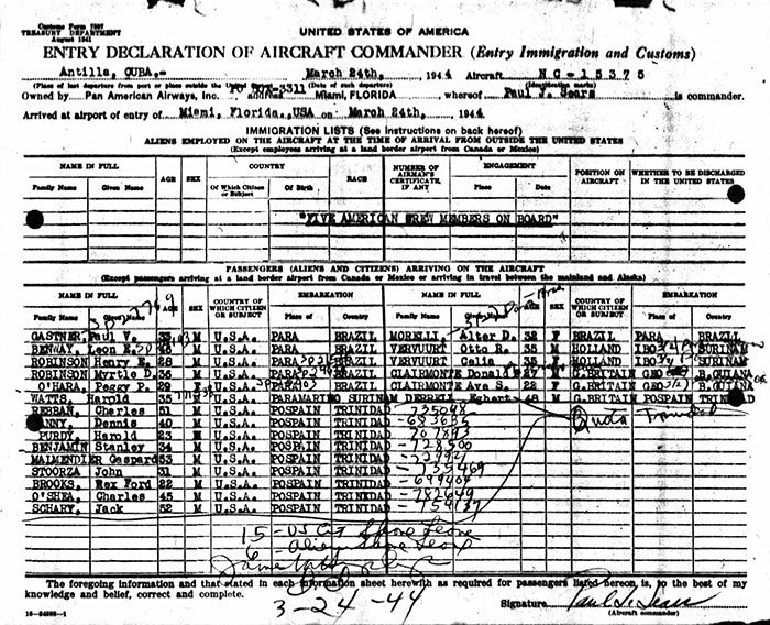 Immigration Form, March 24, 1944 (Source: ancestry.com)
