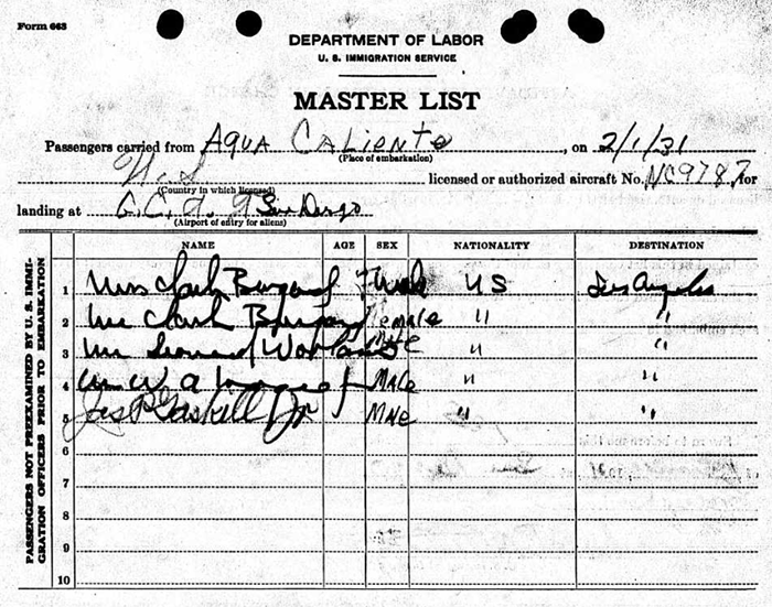 U.S. Immigration Form, GCAT & San Diego, CA, February 1, 1931 (Source: ancestry.com) 