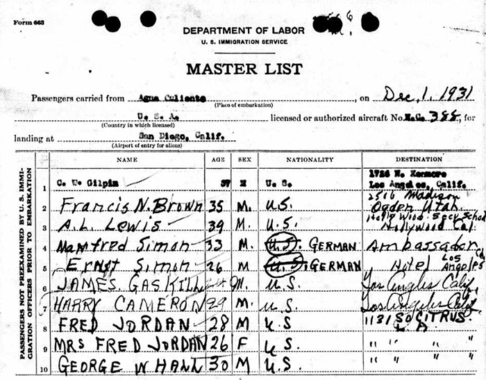 U.S. Immigration Form, San Diego, CA, December 1, 1931 (Source: ancestry.com)
