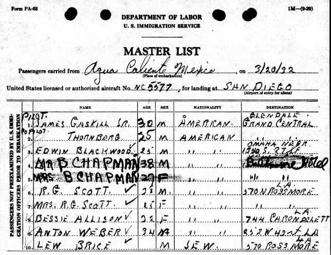 U.S. Immigration Form, San Diego, CA, March 20, 1932 (Source: ancestry.com) 