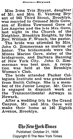 Gove-Bryant Nuptials, October 21, 1936 (Source: NYT)