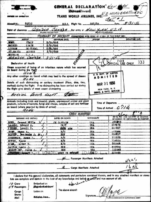 Ormond Gove, T.W.A. Trans-Atlantic Itinerary, March 31, 1956 (Source: ancestry.com)