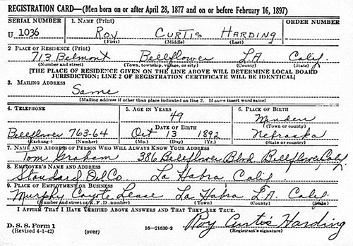 Roy C. Harding, Draft Registration, Ca. 1942 (Source: ancestry.com)