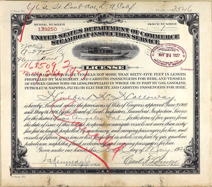 H.H. Holloway, DOC Steamboat Inspection Service License, May 2, 1922 (Source: ancestry.com)
