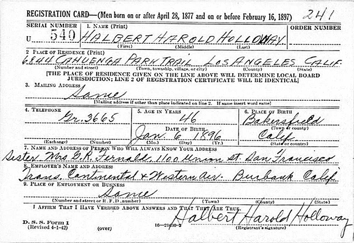 H.H. Holloway, WWII Draft Registration, Ca. 1942 (Source: ancestrly.com )