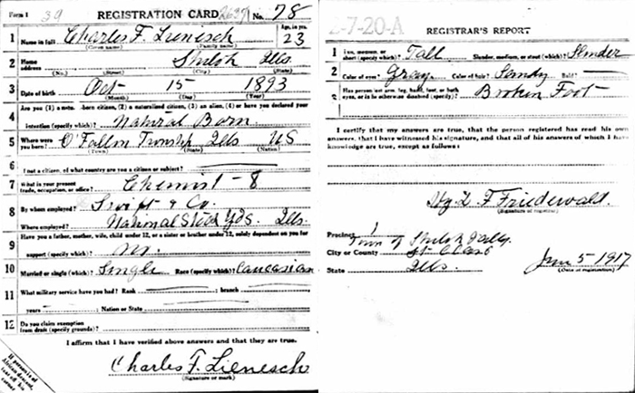 Draft Registration Card, C.F. Lienesch, June 5, 1917 (Source: ancestry.com) 