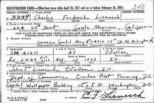 C.F. Lienesch, Draft Registration Card, 1942 (Source: ancestry.com) 
