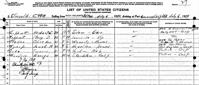 July 6, 1929, Immigration Form (Source: ancestry.com)