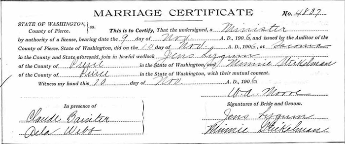 A.J. Lygum, Parent's Marriage Certificate, November 10, 1906 (Source: ancestry.com) 