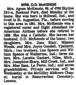Agnes McKenzie Obituary, 1982, Newspaper Unidentified (Source: Woodling)