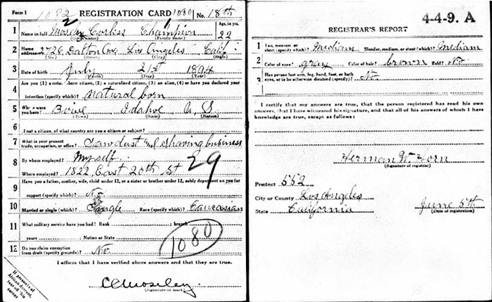 C.C. Moseley, Draft Card, WWI (Source: ancestry.com)