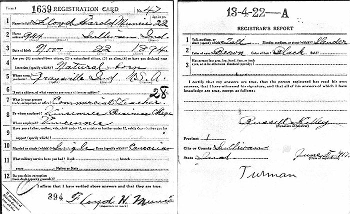 F.H. Muncie, WWI Draft Registration Card, June 5, 1917 (Source: ancestry.com)