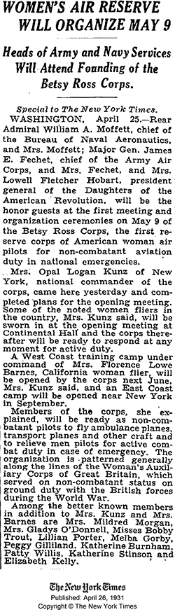 Women's Air Reserve, The New York Times, April 26, 1931 (Source: NYT) 