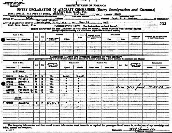 U.S. Customs, Entry Declaration, December, 1942 (Source: ancestry.com) 